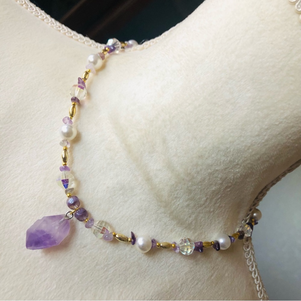 Handcrafted repurpose genuine amethyst slab pendant quartz glass pearl necklace